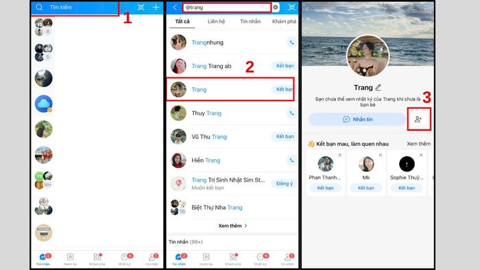 Hướng dẫn cách thêm bạn trên Zalo không cần số điện thoại bằng username - bước 1,2,3