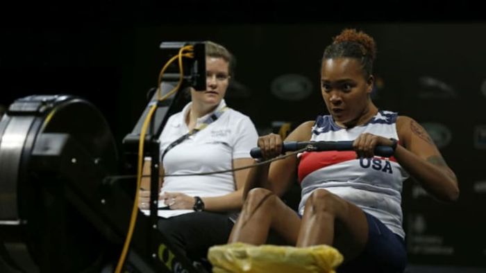 A competitor participates in indoor rowing at the Invictus Games