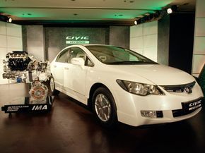 A Honda Civic Hybrid showcased in New Delhi, India.