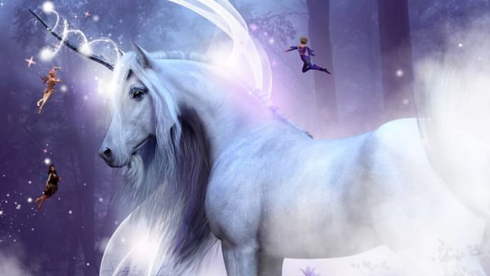 A unicorn standing in a magical forest, encircled by fairies.