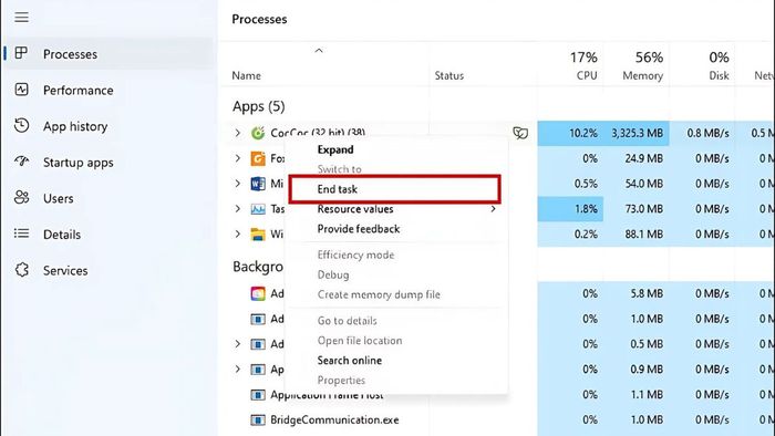 Đóng ứng dụng thông qua Task Manager