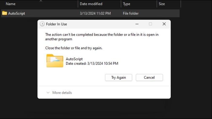 Cách nhận biết lỗi 'The action cannot be completed because the folder or a file in it is open in another program'