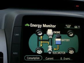 Many hybrid system indicators are designed to coach drivers on fuel-efficient practices. Shown above is the multi-information display from the Toyota Prius.