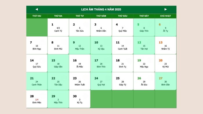 Ngày tốt tháng 4 năm 2025