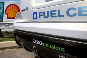 A hydrogen-fueled Chevrolet Equinox by GM is displayed at a recently launched Shell Hydrogen fueling station at John F. Kennedy International Airport in New York on July 14, 2009.
