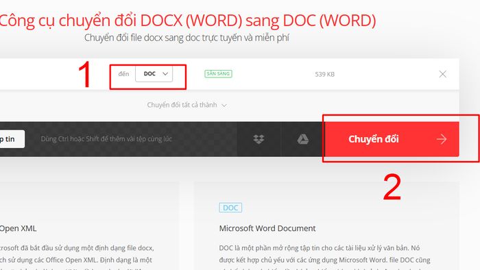Bước thứ hai trong quy trình chuyển đổi đuôi docx sang doc trực tuyến