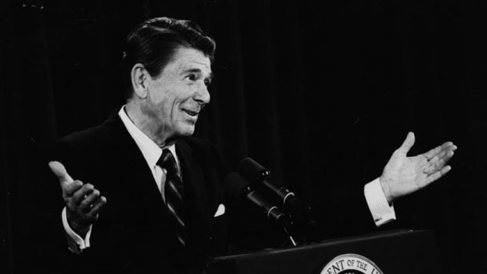 President Ronald Reagan addressing the press during a 1981 conference.
