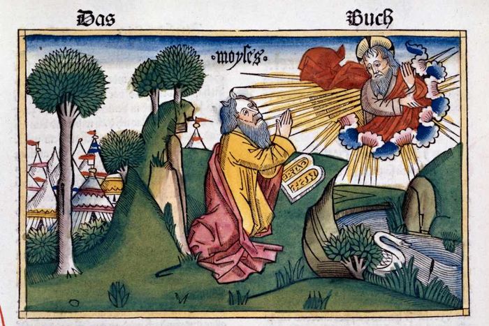 A medieval illustration in color depicts Moses with horns kneeling before a divine figure in the sky.