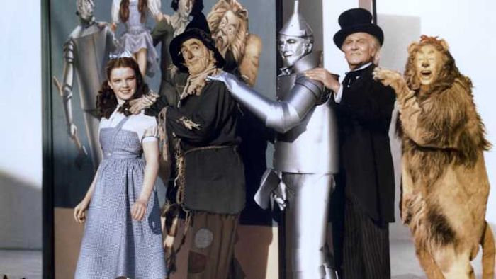 Judy Garland, Ray Bolger, Jack Haley, Bert Lahr, and Frank Morgan promoting the classic film 'The Wizard of Oz'