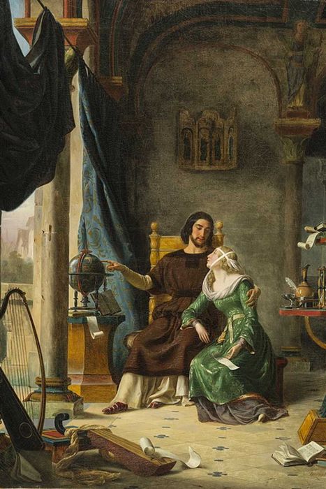 A painting detail showing Abelard and Héloïse engaged in an astronomy lesson