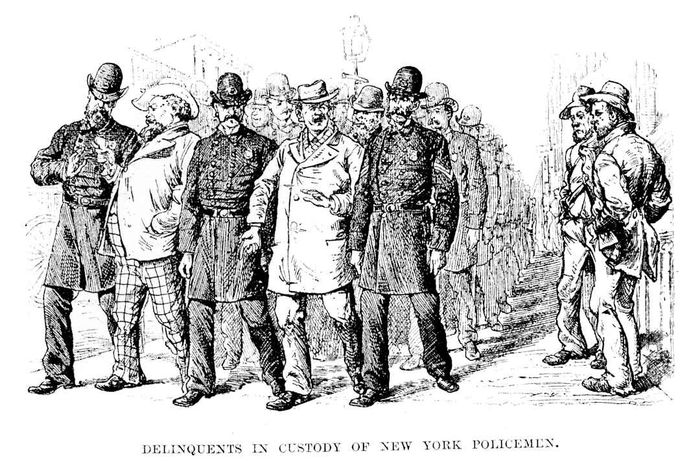 An 1882 illustration showing New York City police officers arresting individuals.