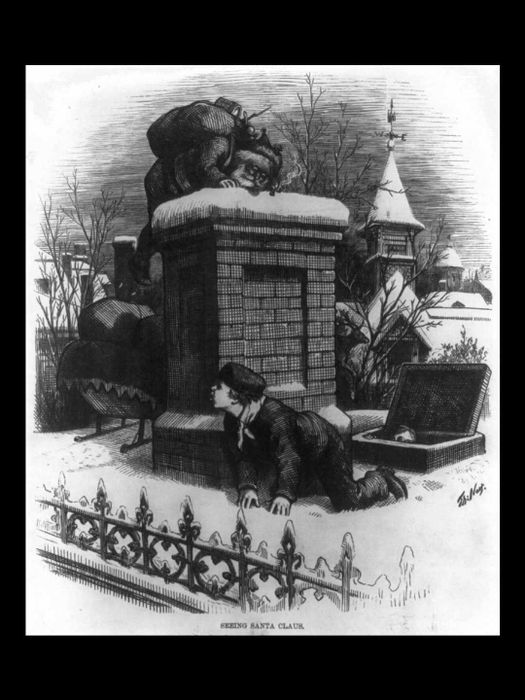 A Thomas Nast illustration from 1876 in Harper's Weekly depicting children witnessing Santa entering a chimney.