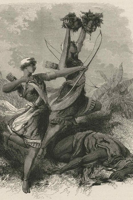 The spoils of the Dahomey Amazons following a battle (Benin) in the 19th century.