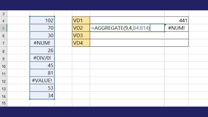 Ví dụ 2 về cách sử dụng hàm AGGREGATE tính tổng mà không bỏ qua lỗi