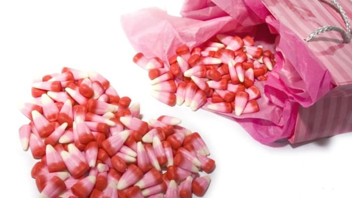 A bag of candy corn designed for Valentine’s Day.