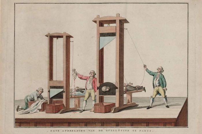 An 18th-century depiction of the guillotine in Paris, sourced from the Collection of Bibliothèque Nationale de France