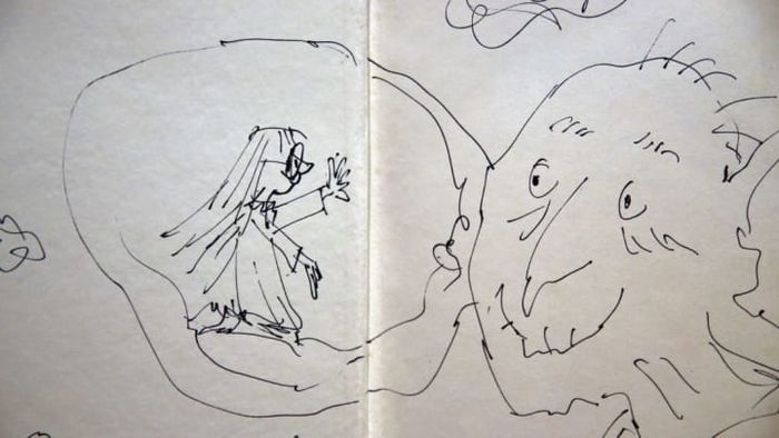 A page from Roald Dahl's 'The BFG,' illustrated by Quentin Blake, was showcased at Sotheby's auction house in London, England, on December 4, 2014.
