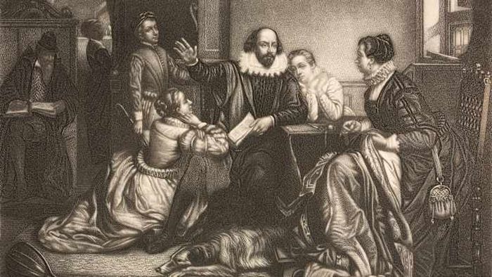 An illustration depicting William Shakespeare dramatically reciting Hamlet to his family members captures a significant moment in the playwright's life.