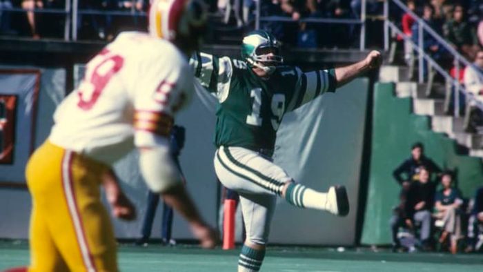 On November 10, 1974, Tom Dempsey, #19 for the Philadelphia Eagles, kicked off against the Washington Redskins at Veterans Stadium in Philadelphia, Pennsylvania during an NFL game.