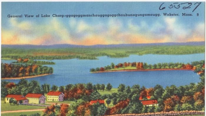 An antique postcard featuring Chargoggagoggmanchauggagoggchaubunagungamaugg.