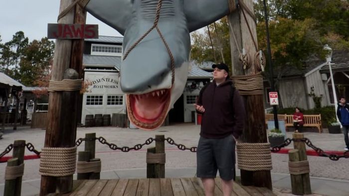 A shark statue stands proudly outside the entrance to the Jaws ride at Universal Studios Florida.