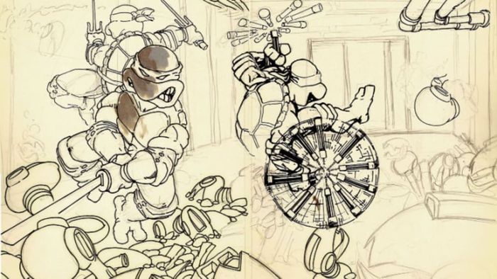 A collection of unpublished pages from Teenage Mutant Ninja Turtles #2 (1984).