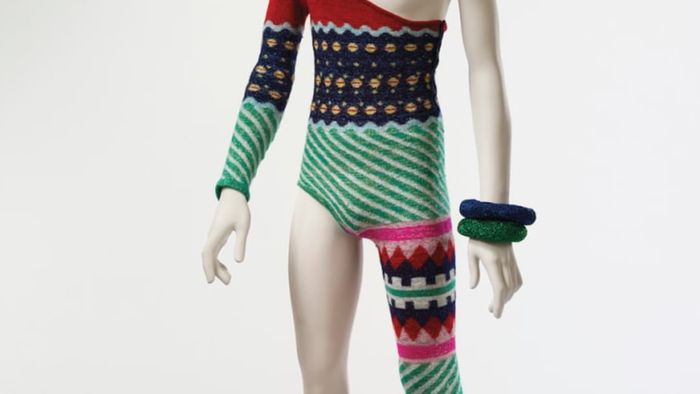 Uniquely designed knitted bodysuit, 1973. Created by Kansai Yamamoto for the Aladdin Sane tour.