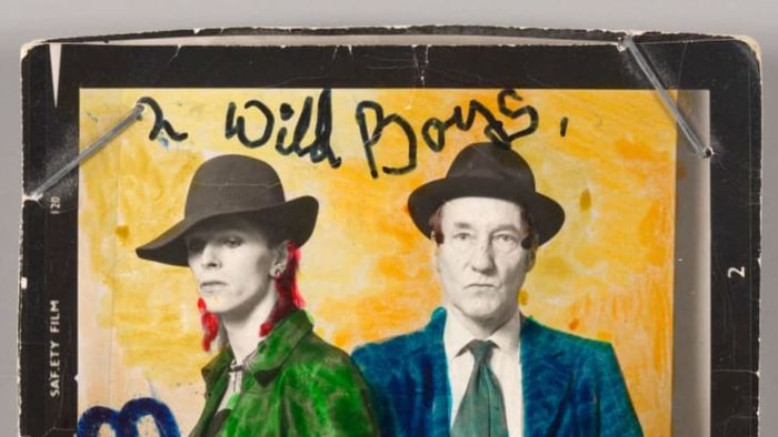 David Bowie alongside William Burroughs, captured in February 1974. Photo by Terry O'Neill, with color enhancements by David Bowie.