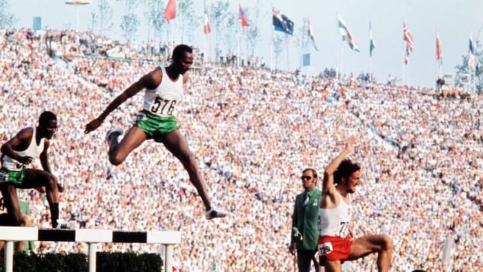 Kipchoge Keino participating in the men's 3000-meter steeplechase final during the 1972 Olympic Games.