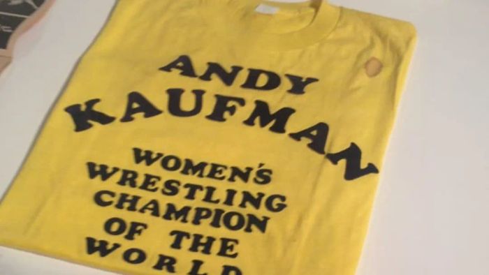 Andy Kaufman’s wrestling memorabilia on display at the Maccarone gallery in New York City.