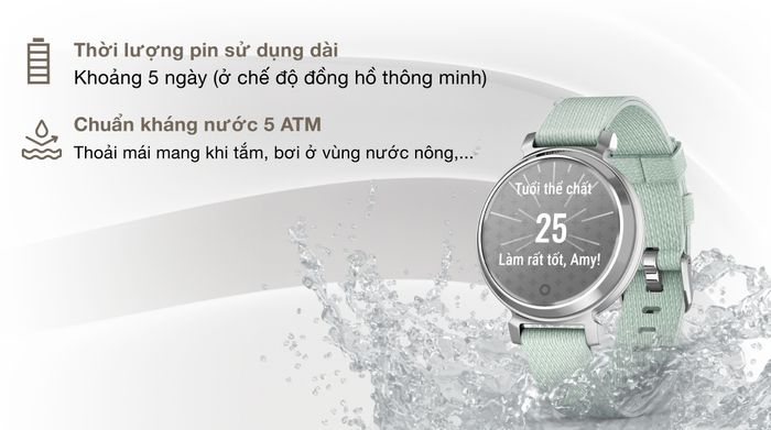 Garmin Lily 2 Classic 34mm dây vải - Pin và khánh nước