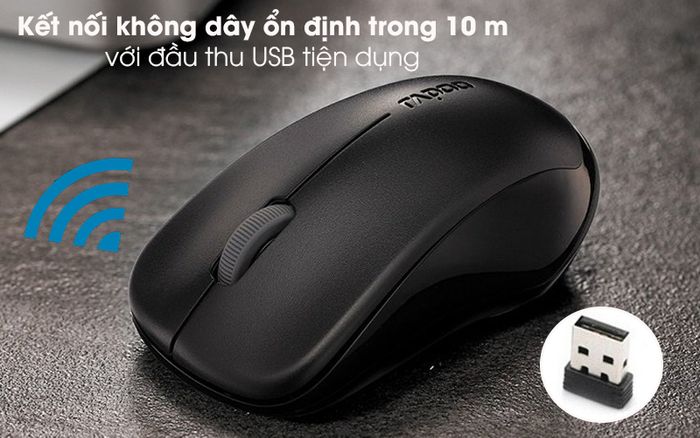 Chuột Không Dây Rapoo 1620 Đen - Thiết kế không dây với đường truyền ổn định trong 10 m, kết nối qua đầu thu USB hiện đại