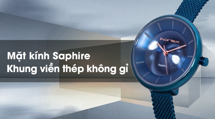 Đồng hồ nữ Korlex KS031-02 có mặt kính Sapphire cứng cáp, khung viền bằng thép chống gỉ