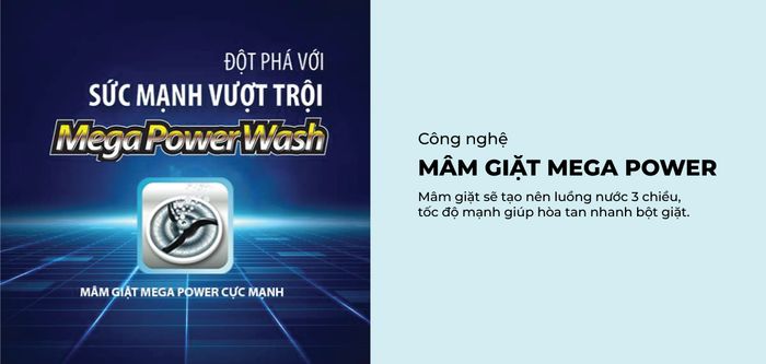 Mâm giặt Mega Power tạo ra xoáy nước mạnh làm sạch vết bẩn