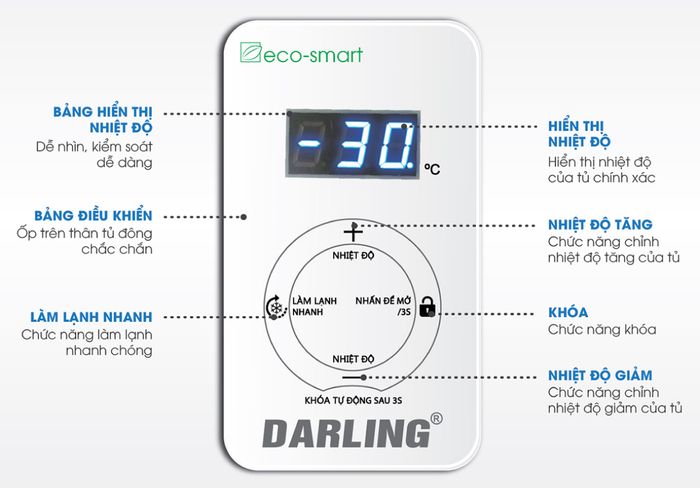 Bảng điều khiển cảm ứng được trang bị bên ngoài tủ đông Darling