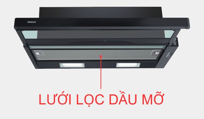 Lưới lọc kim loại tích hợp trên máy hút mùi Bosch DFT93CA61B