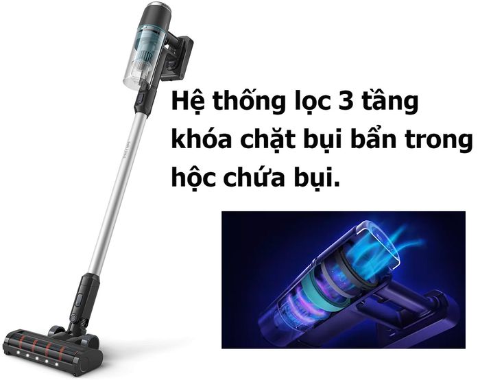 Philips XC3031/01 có hộc chứa bụi dung tích 0.25 lít và hệ thống lọc 3 tầng