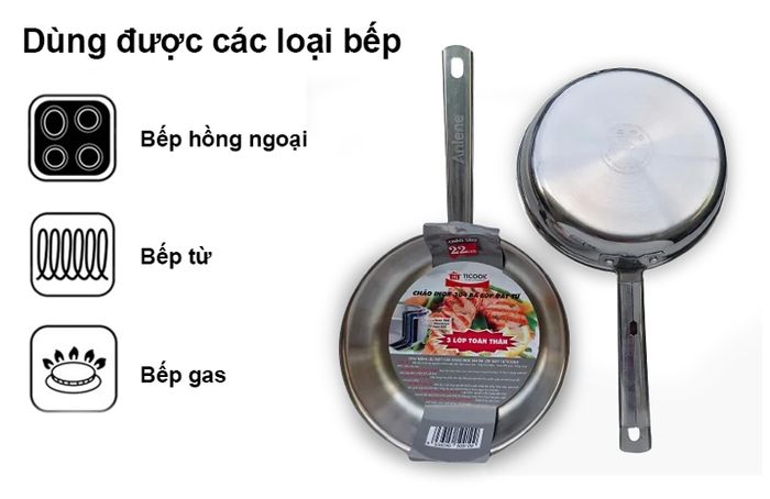 Chảo đa năng inox 304 ba lớp đáy từ Ticook dùng được các loại bếp