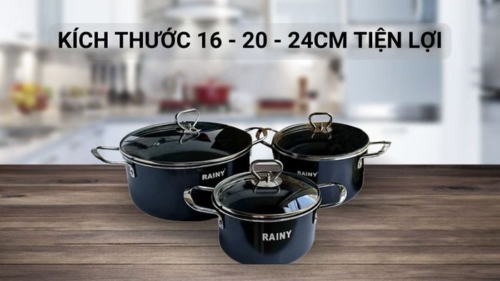 Bộ 3 nồi nhôm đáy từ Rainy RN2589KTT có kích thước 16 - 20 - 24cm tiện lợi