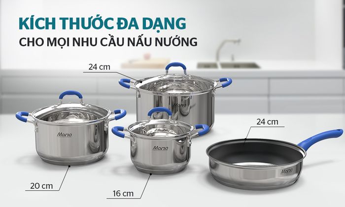 Bộ nồi chảo Inox 5 đáy Sunhouse Mama SHG509 kích thước đa dạng