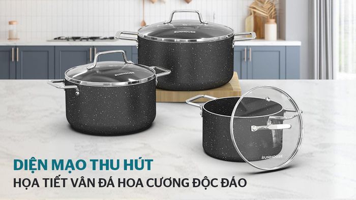 Bộ nồi Sunhouse SHG7878MB trang bị lớp chống dính vân đá hoa cương