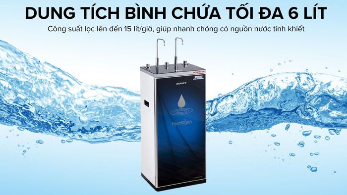 Dung tích bình chứa tối đa 6 lít cùng công suất lọc lên đến 15 lít/giờ