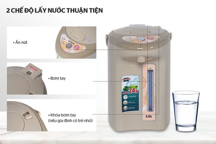 2 chế độ rót nước ấn nút và bơm tay