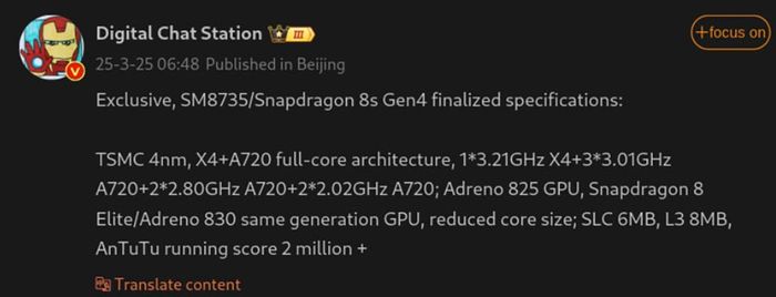 Cấu hình của lõi CPU trong Snapdragon 8s Gen 4