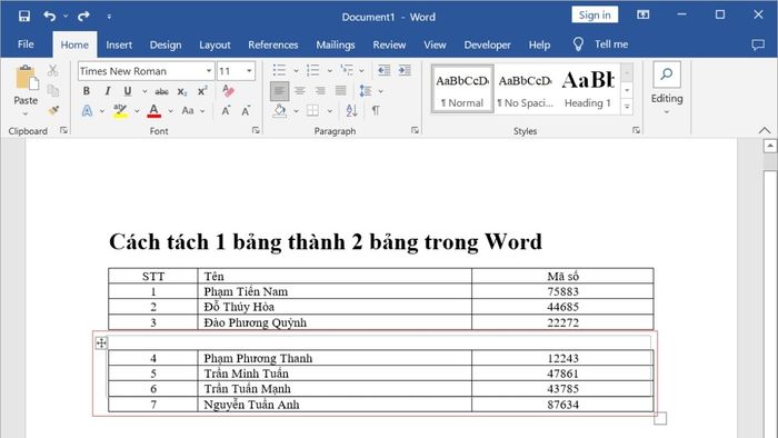 Những điều cần lưu ý khi tách bảng trong Word