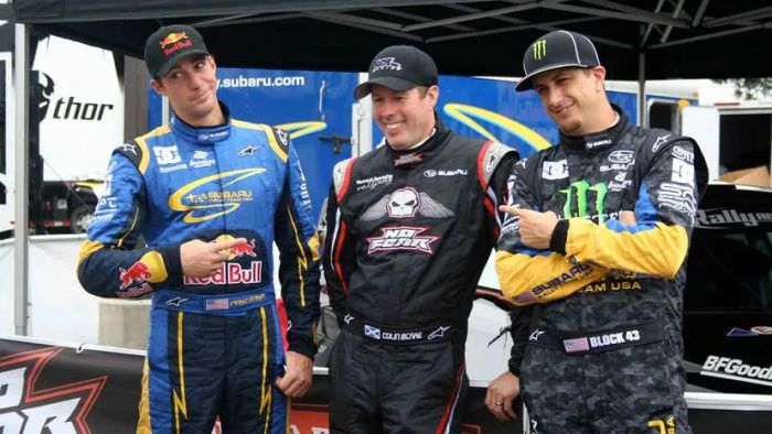 Ken Block, a professional rally driver with the Hoonigan Racing Division, was also an enthusiast of action sports such as snowboarding and motocross. Pictured here with (from left) Travis Pastrana and Colin McRae.