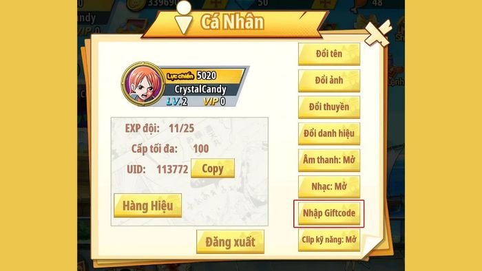 Hướng dẫn nhập mã code Thế Giới Hải Tặc - bước 2