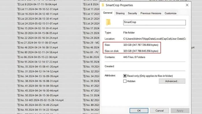 Dung lượng mà CapCut chiếm dụng trên PC