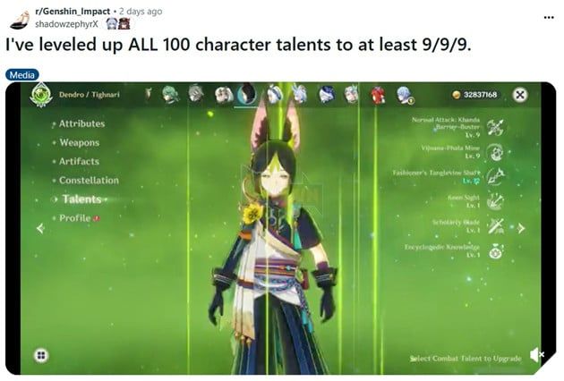 Một game thủ Genshin Impact vừa gây sốc khi chi gần 300 triệu Mora để nâng cấp Thiên phú cho toàn bộ các nhân vật trong game.