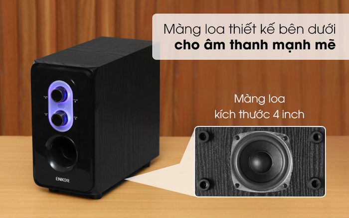 Màng loa 4 inch thiết kế bên dưới loa cho âm thanh mạnh mẽ - Loa vi tính 2.1 Enkor E50 Đen